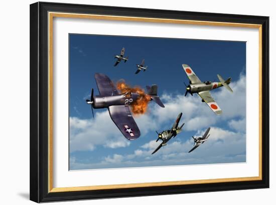 F4U Corsair Aircraft and Japanese Nakajima Fighter Planes in Aerial Combat-null-Framed Art Print