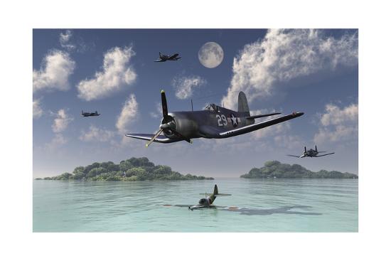 F4u Corsairs Flying Over A Shot Down Japanese Nakajima Ki 84 Fighter Plane Art Print Stocktrek Images Art Com