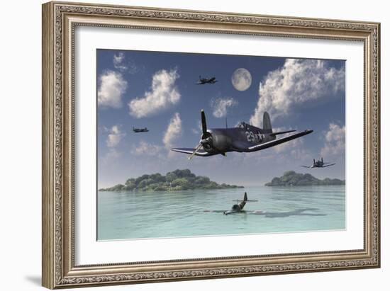 F4U Corsairs Flying over a Shot Down Japanese Nakajima Ki-84 Fighter Plane-Stocktrek Images-Framed Art Print