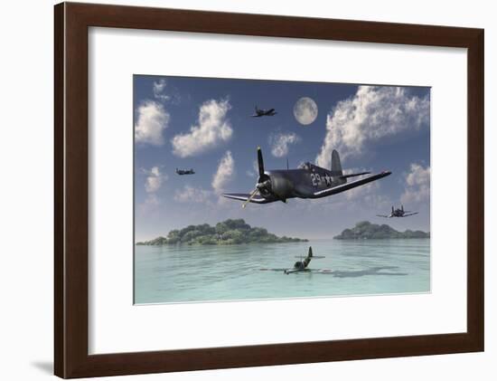 F4U Corsairs Flying over a Shot Down Japanese Nakajima Ki-84 Fighter Plane-Stocktrek Images-Framed Art Print