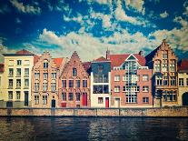 Vintage Retro Hipster Style Travel Image of Canal and Medieval Houses. Bruges (Brugge), Belgium-f9photos-Photographic Print