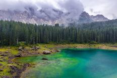 The Astonishing Colours of the Water of the Karersee, in Trentino, During a Rainy Day-Fabio Lotti-Premier Image Canvas
