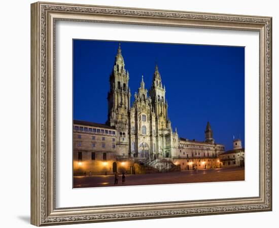 Facade of Cathedral Seen from Praza Do Obradoiro Floodlit at Night, Santiago De Compostela-Nick Servian-Framed Photographic Print