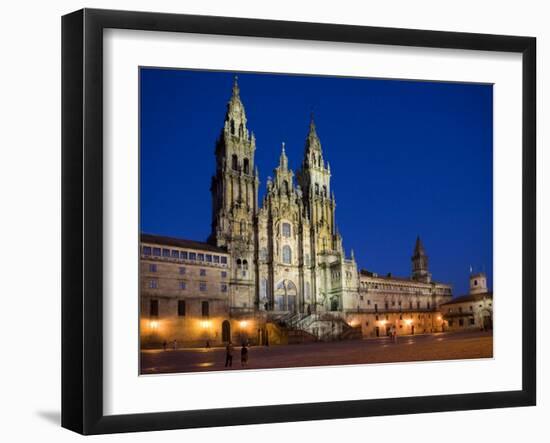 Facade of Cathedral Seen from Praza Do Obradoiro Floodlit at Night, Santiago De Compostela-Nick Servian-Framed Photographic Print