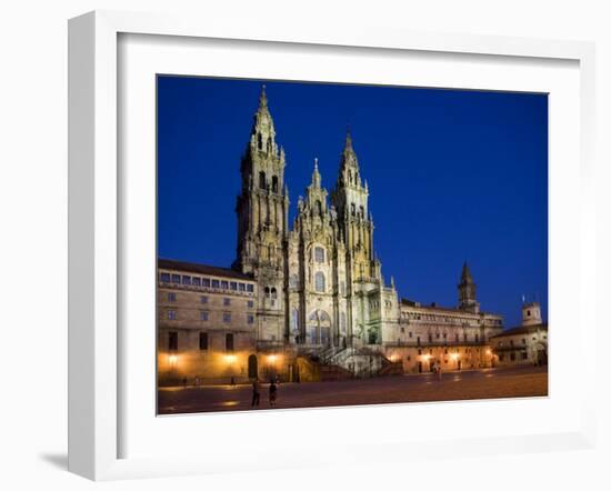 Facade of Cathedral Seen from Praza Do Obradoiro Floodlit at Night, Santiago De Compostela-Nick Servian-Framed Photographic Print