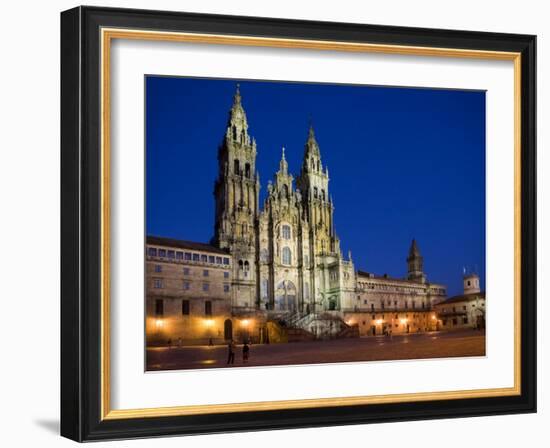 Facade of Cathedral Seen from Praza Do Obradoiro Floodlit at Night, Santiago De Compostela-Nick Servian-Framed Photographic Print