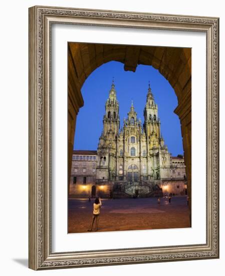 Facade of Cathedral Seen from Praza Do Obradoiro Floodlit at Night-Nick Servian-Framed Photographic Print