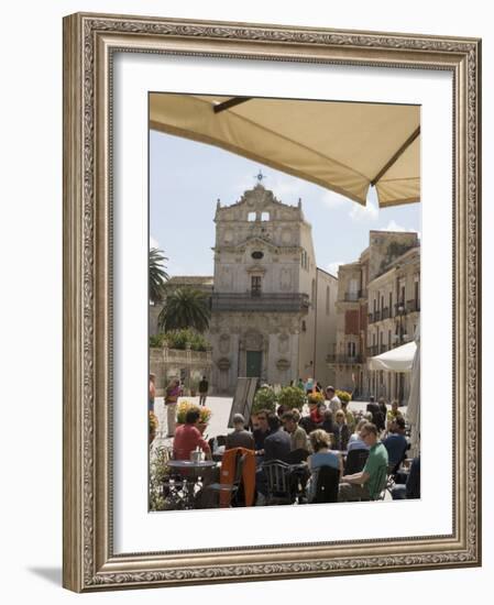 Facade of Santa Lucia Alla Badia and Cafe in the Piazza Duomo, Ortygia, Syracuse, Sicily, Italy-Martin Child-Framed Photographic Print