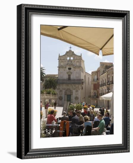 Facade of Santa Lucia Alla Badia and Cafe in the Piazza Duomo, Ortygia, Syracuse, Sicily, Italy-Martin Child-Framed Photographic Print