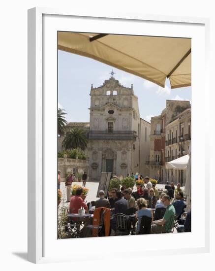 Facade of Santa Lucia Alla Badia and Cafe in the Piazza Duomo, Ortygia, Syracuse, Sicily, Italy-Martin Child-Framed Photographic Print