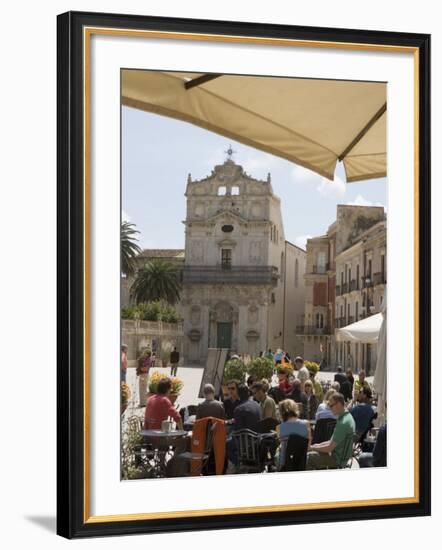 Facade of Santa Lucia Alla Badia and Cafe in the Piazza Duomo, Ortygia, Syracuse, Sicily, Italy-Martin Child-Framed Photographic Print