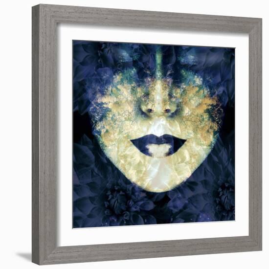 Face of a Woman, Overlayed with Flower Decoration in Blue-Alaya Gadeh-Framed Photographic Print