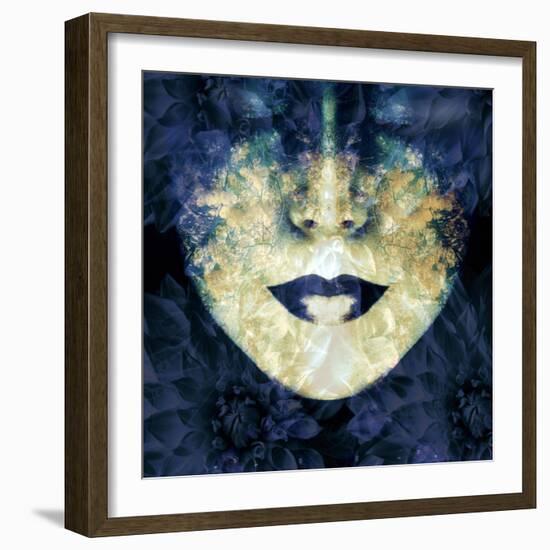 Face of a Woman, Overlayed with Flower Decoration in Blue-Alaya Gadeh-Framed Photographic Print