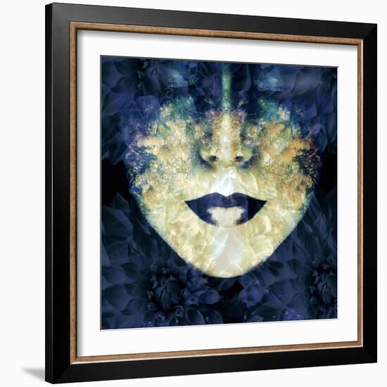 Face of a Woman, Overlayed with Flower Decoration in Blue-Alaya Gadeh-Framed Photographic Print