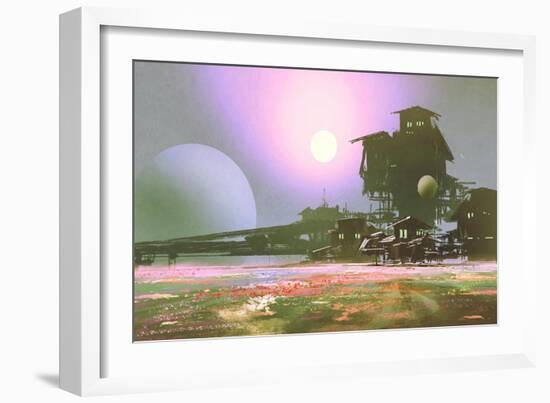 Factory and Industry in Flower Fields,Sci-Fi Scene,Illustration Painting-Tithi Luadthong-Framed Art Print