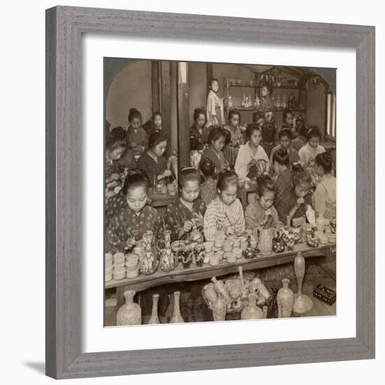 Factory Girls Decorating Cheap Pottery for the Foreign Markets, Kyoto, Japan, 1904-Underwood & Underwood-Framed Photographic Print