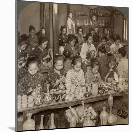 Factory Girls Decorating Cheap Pottery for the Foreign Markets, Kyoto, Japan, 1904-Underwood & Underwood-Mounted Photographic Print