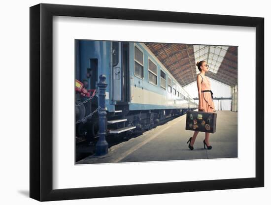 Fair Traveler With Vintage Suitcase At The Station-olly2-Framed Photographic Print