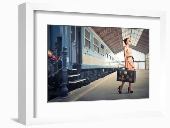 Fair Traveler With Vintage Suitcase At The Station-olly2-Framed Photographic Print