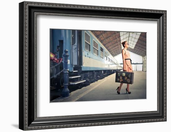 Fair Traveler With Vintage Suitcase At The Station-olly2-Framed Photographic Print