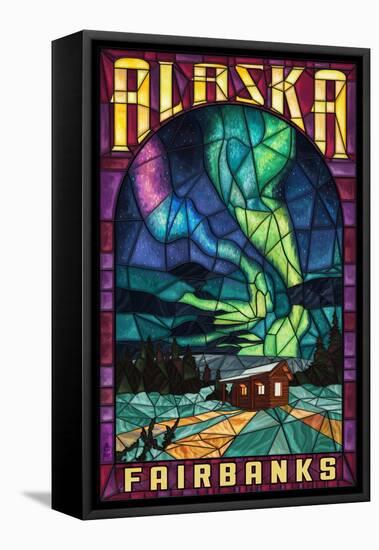 Fairbanks, Alaska - Cabin and Northern Lights Stained Glass-Lantern Press-Framed Stretched Canvas