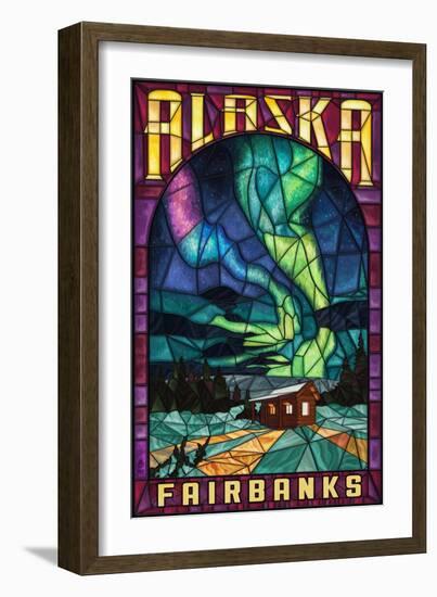 Fairbanks, Alaska - Cabin and Northern Lights Stained Glass-Lantern Press-Framed Art Print