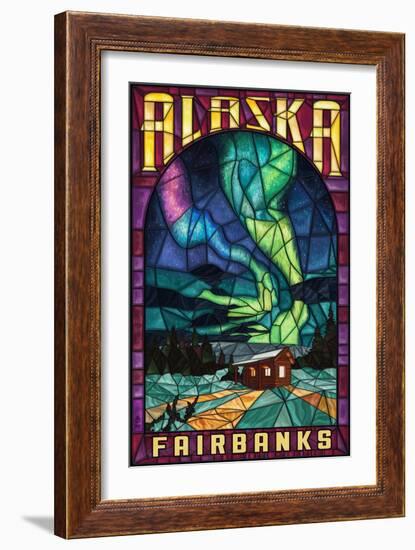 Fairbanks, Alaska - Cabin and Northern Lights Stained Glass-Lantern Press-Framed Art Print