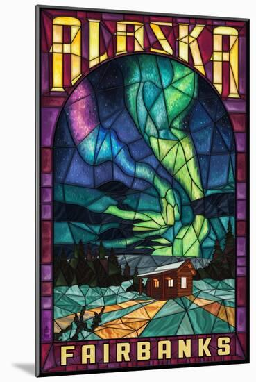 Fairbanks, Alaska - Cabin and Northern Lights Stained Glass-Lantern Press-Mounted Art Print