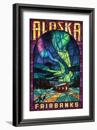 Fairbanks, Alaska - Cabin and Northern Lights Stained Glass-Lantern Press-Framed Art Print