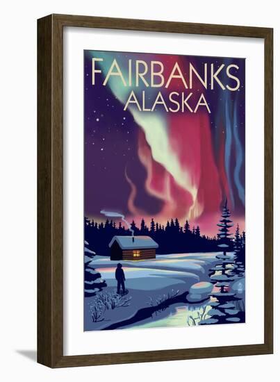 Fairbanks, Alaska - Northern Lights and Cabin-Lantern Press-Framed Art Print