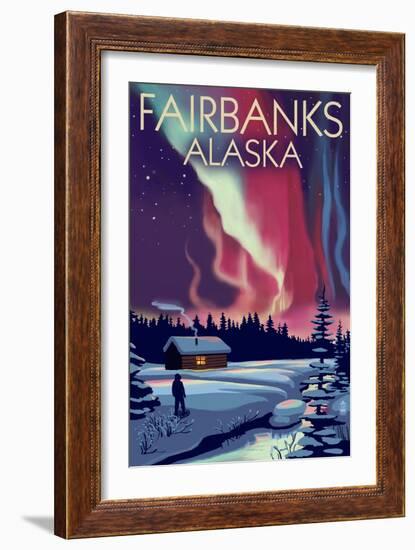 Fairbanks, Alaska - Northern Lights and Cabin-Lantern Press-Framed Art Print