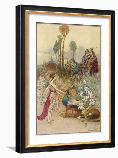 Fairy and a Peacock-Warwick Goble-Framed Art Print