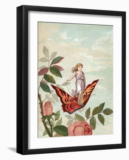 Fairy Riding a Butterfly Among Roses, 1882-null-Framed Giclee Print