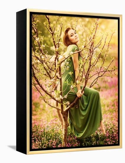 Fairy-Tail Forest Nymph, Beautiful Sexy Woman at Spring Garden, Wearing Long Dress, Sitting on Bloo-Anna Omelchenko-Framed Premier Image Canvas
