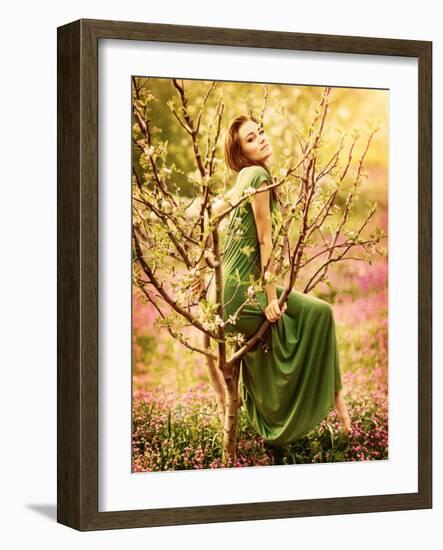 Fairy-Tail Forest Nymph, Beautiful Sexy Woman at Spring Garden, Wearing Long Dress, Sitting on Bloo-Anna Omelchenko-Framed Photographic Print