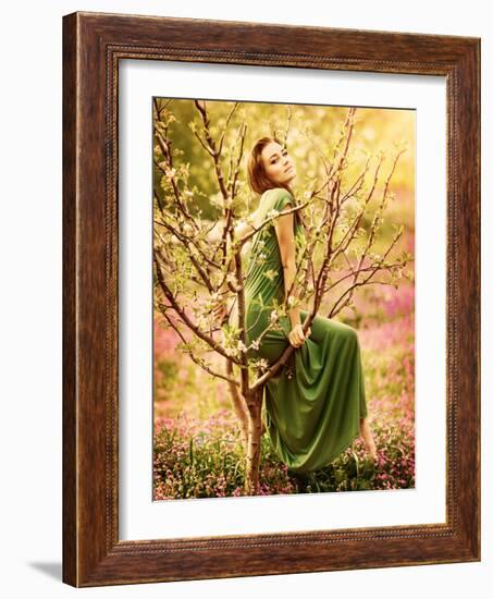 Fairy-Tail Forest Nymph, Beautiful Sexy Woman at Spring Garden, Wearing Long Dress, Sitting on Bloo-Anna Omelchenko-Framed Photographic Print