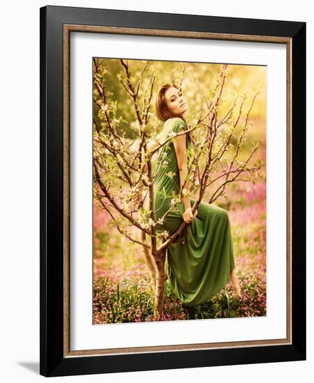 Fairy-Tail Forest Nymph, Beautiful Sexy Woman at Spring Garden, Wearing Long Dress, Sitting on Bloo-Anna Omelchenko-Framed Photographic Print