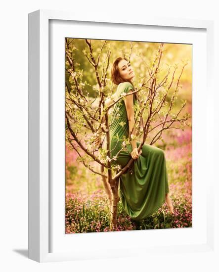 Fairy-Tail Forest Nymph, Beautiful Sexy Woman at Spring Garden, Wearing Long Dress, Sitting on Bloo-Anna Omelchenko-Framed Photographic Print