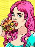 Bright Attractive Sexy Cover Hot Pink Hair Girl with Burgers, Pop Art Retro Hipster Fashion Retro P-Faith Nyky-Art Print