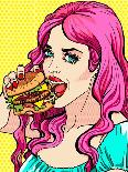 Bright Attractive Sexy Cover Hot Pink Hair Girl with Burgers, Pop Art Retro Hipster Fashion Retro P-Faith Nyky-Framed Art Print