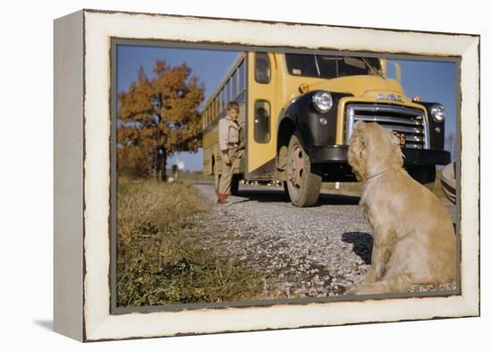 Faithful Dog Watching Boy Enter School Bus-William P. Gottlieb-Framed Premier Image Canvas