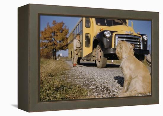 Faithful Dog Watching Boy Enter School Bus-William P. Gottlieb-Framed Premier Image Canvas