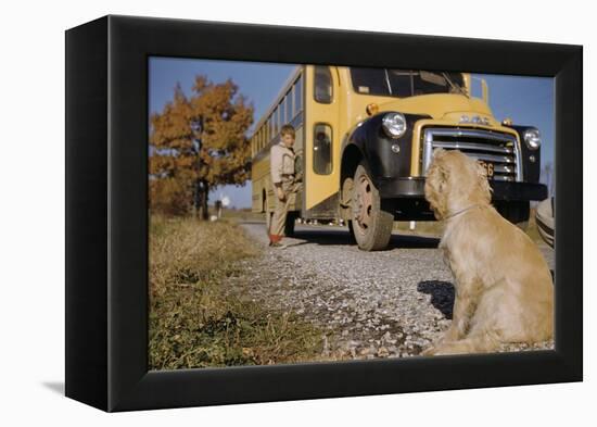 Faithful Dog Watching Boy Enter School Bus-William P. Gottlieb-Framed Premier Image Canvas