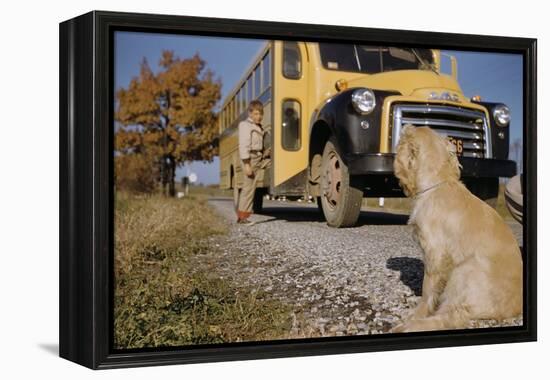 Faithful Dog Watching Boy Enter School Bus-William P. Gottlieb-Framed Premier Image Canvas