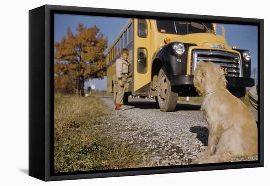 Faithful Dog Watching Boy Enter School Bus-William P. Gottlieb-Framed Premier Image Canvas