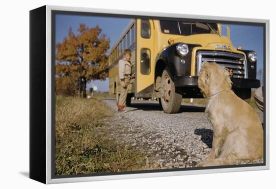 Faithful Dog Watching Boy Enter School Bus-William P. Gottlieb-Framed Premier Image Canvas