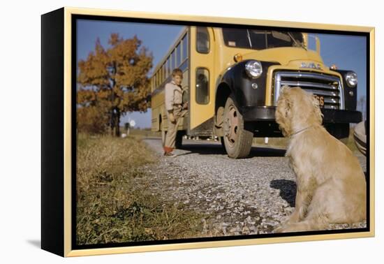 Faithful Dog Watching Boy Enter School Bus-William P. Gottlieb-Framed Premier Image Canvas