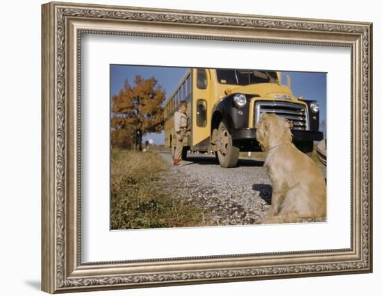 Faithful Dog Watching Boy Enter School Bus-William P. Gottlieb-Framed Photographic Print