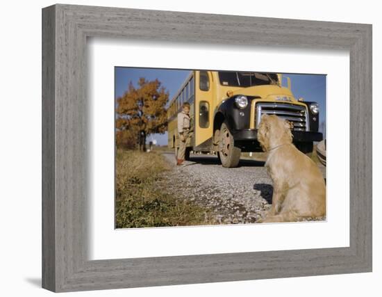 Faithful Dog Watching Boy Enter School Bus-William P. Gottlieb-Framed Photographic Print