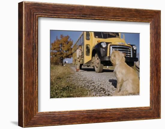 Faithful Dog Watching Boy Enter School Bus-William P. Gottlieb-Framed Photographic Print